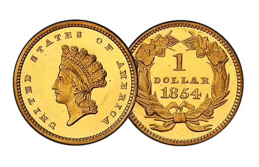 Золотой доллар США 1854 года номиналом 1 доллар