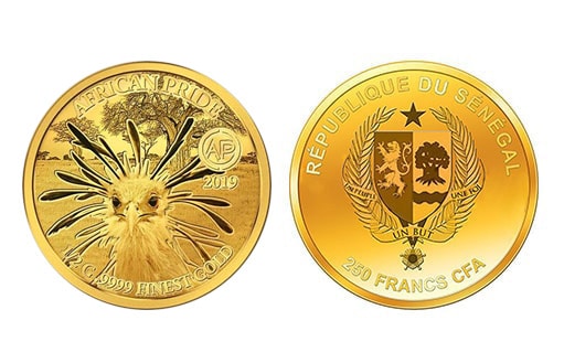 Золотая монета «Птица-секретарь» из цикла «Африканский прайд», Сенегал