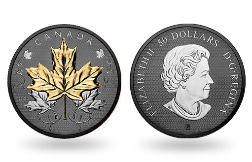 позолоченный кленовый лист на серебряной монете Канады