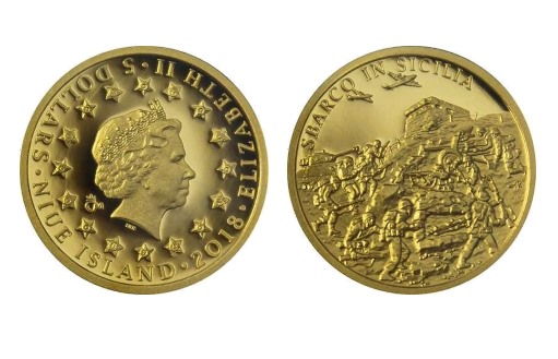 Высадка в Сицилии на золотых монетах Ниуэ