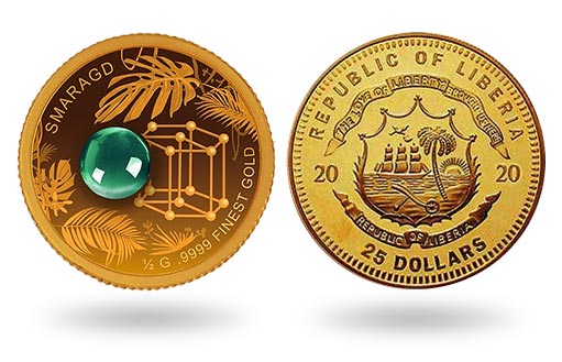 золотые монеты Либерии украсил драгоценный изумруд