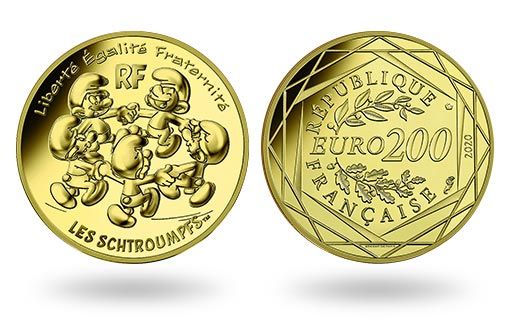 смурфики водят хоровод на золотой монете Франции