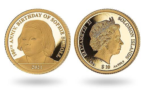 портрет Софи Шолль на золотых монетах Самоа