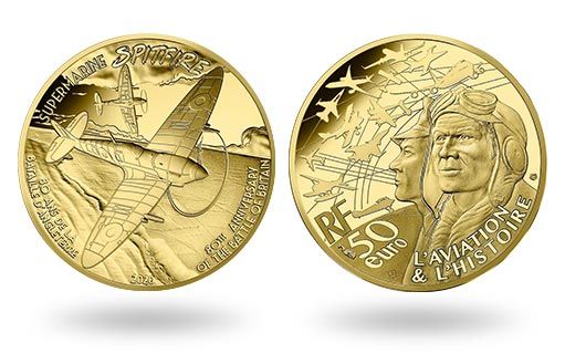 истребитель Spitfire изображен на золотых монетах Франции