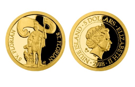 Святой Флориан в золоте на монетах государственного образования Ниуэ