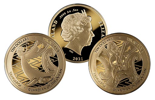 Набор из двух золотых монет Новой Зеландии, посвященных богу морской стихии Тангаруа