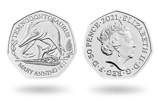 серебряная монета Британии, посвященная рыбоящеру-темнодонтозавру