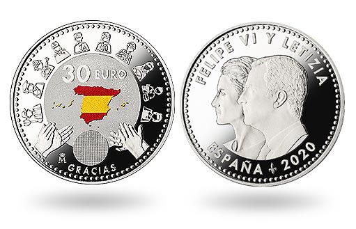 серебряная монета Испании выражает благодарность борющимся с коронавирусом