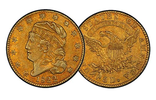 золотая монета 1822 года чеканки номиналом $5