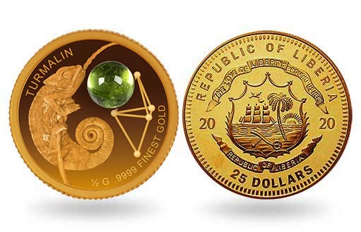 драгоценный турмалин в золоте монеты Либерии
