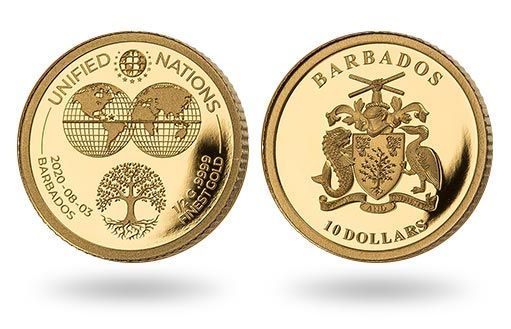 древо жизни на реверсе золотой монеты Барбадоса