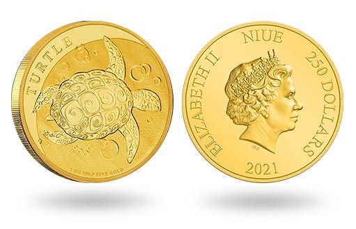 Черепаха Таку изображена на золотых монетах Ниуэ