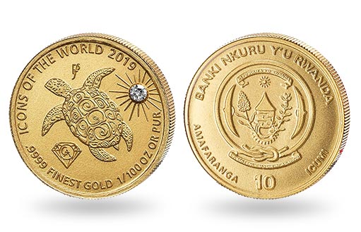 черепаха Таку на золотых монетах Руанды