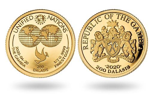 гамбийская памятная монета в честь ООН из золота