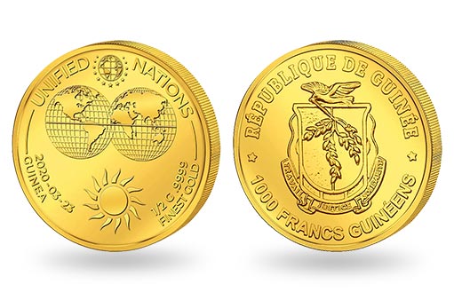 дань ООН на золотых монетах Гвинеи