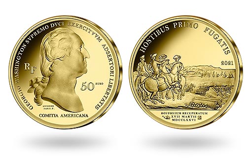 Осаде Бостона под командованием Джорджа Вашингтона посвящена коллекционная золотая монета Франции
