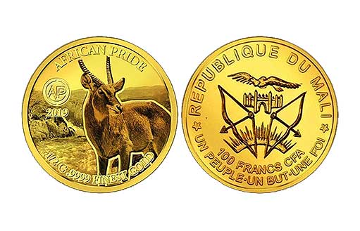 золотая монета Мали с водяным козлом