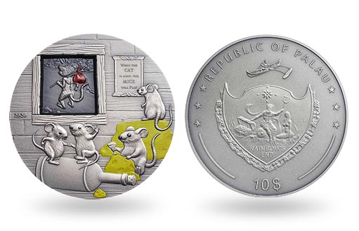 мыши резвятся на серебряной монете Палау в отсутствие кота