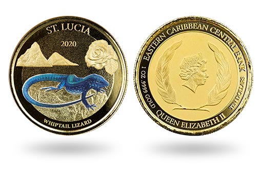 варан изображен на памятной монете Сент-Люсии из золота