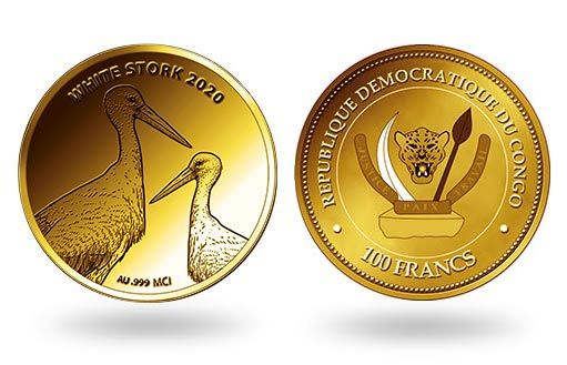 золотые монеты Конго с изображением белых аистов
