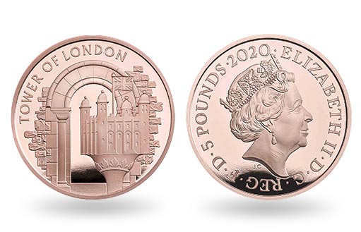 знаменитая крепость лондонского Тауэра на золотой монете Британии