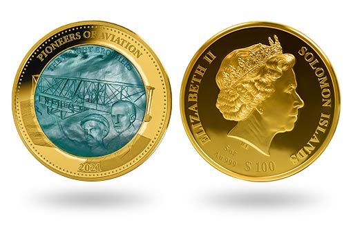 золотые монеты островов Соломона с портретом братьев Райт