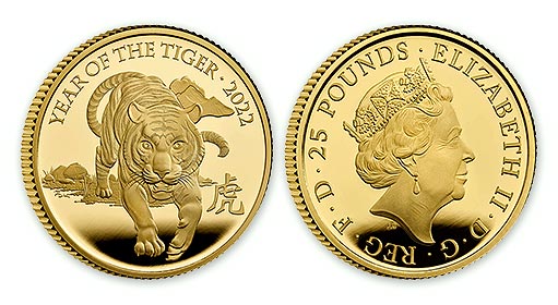 Тигр на золотых монетах Великобритании