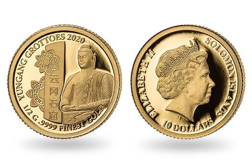 красота гротов Юньган на золотых монетах островов Соломона