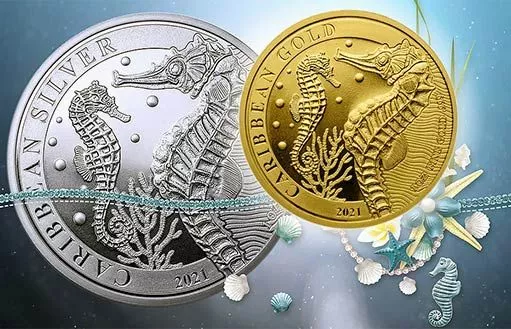 золотые и серебряные монеты Барбадоса с морским коньком