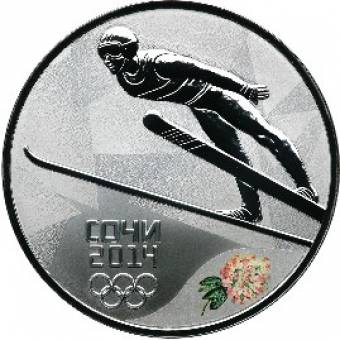 Прыжки на лыжах с трамплина: серебряная монета 3 рубля / серебро 31.1 грамма, СПМД 2012 год - 1