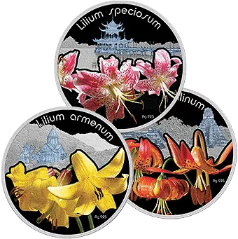 Волшебные цветы Лилии: 3 серебряные монеты в наборе, Ниуэ 2012 год, серебро 3 x 28.28 грамма - 1
