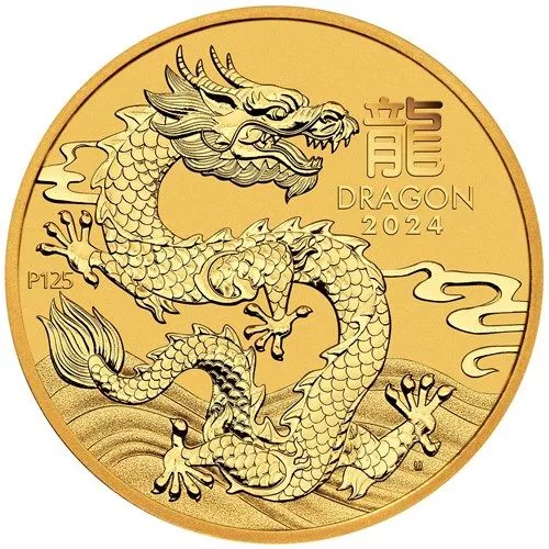 Год Дракона 2024: золотая монета $100 Австралии Лунар III / золото 31,10 гр. - 1