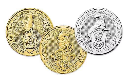 монеты для инвестиций с соколом, лошадью и белой борзой